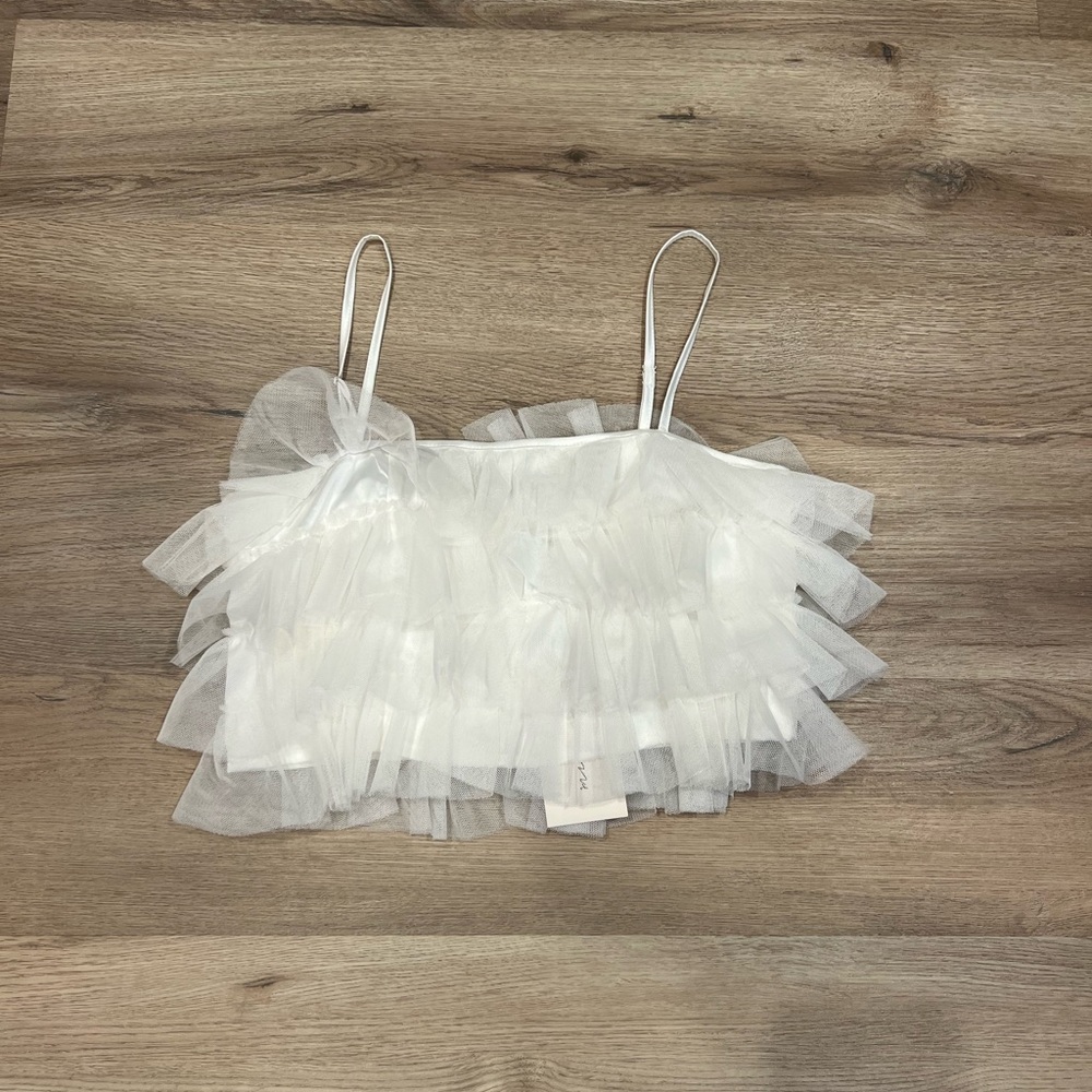 Mimosa Elegant White Ruffled Tank Top
Size S Only